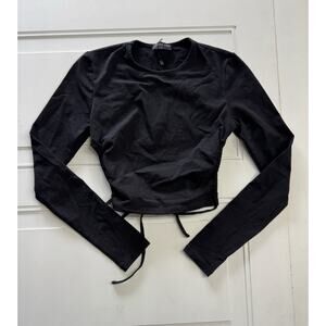 White Fox Black Long Sleeve Cropped Crop Top Waist Tie Size Medium Stretch NEW